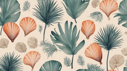 Teal and Coral Tropical Leaf Pattern Seamless Watercolor Botanical Illustration
