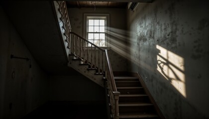 Fototapeta premium Abandoned staircase with sunlight streaming through window in empty hall 