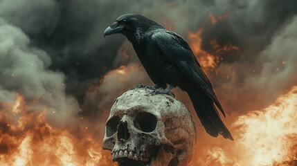 raven perched on weathered human skull under apocalyptic smoky sky with distant fires, dark gothic atmosphere of mystery and desolation