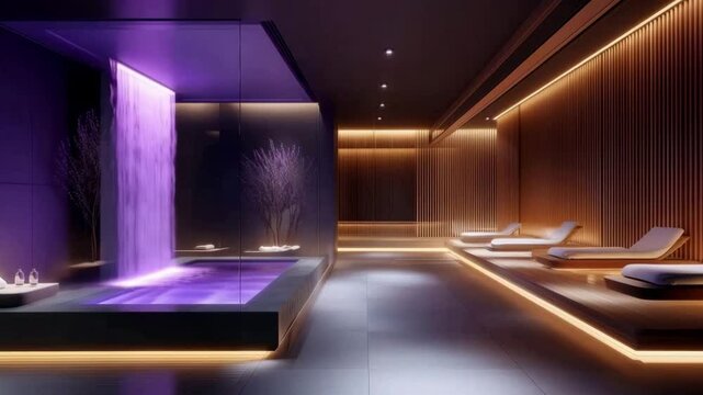 Explore a serene wellness spa environment showcasing a calming water feature, ambient puple lighting, and comfortable seating. Experience ultimate relaxation in this upscale spa setting