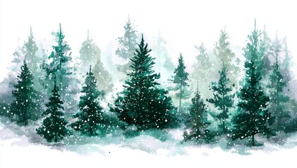 Fototapeta premium Enchanted Winter Forest Watercolor Painting of Snow-Covered Pine Trees