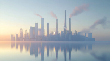 Fototapeta premium An industrial city skyline with smoking factory chimneys reflecting in water.