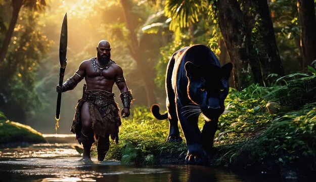 A bald muscular African American warrior walking along a river with a black panther in the jungle with lush green trees and rocks