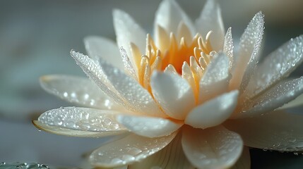 Fototapeta premium Close-up of lotus flower with dewdrops on soft petals against pure white background.
