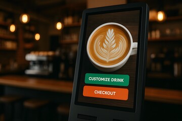 A smart coffee shop kiosk displays options to customize drinks and checkout, featuring a latte art image. Concept of digital convenience in café customer experience.