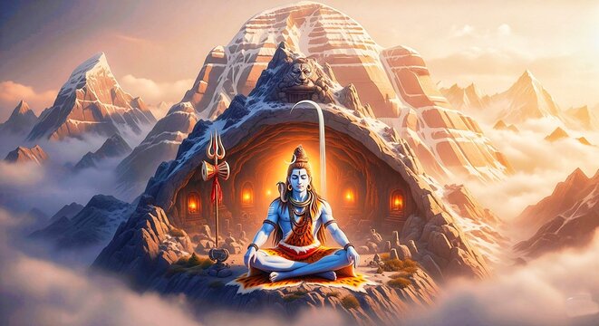 Lord Shiva Meditating in the Himalayas with Devotees and Celestial Beings, Spiritual Serenity