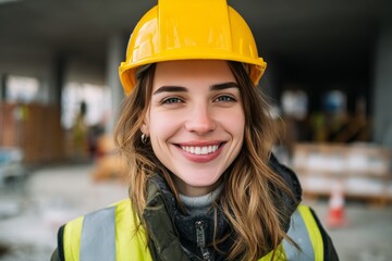 Smiling Female Construction Worker in Hard Hat