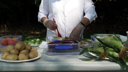 Garden picnic party celebration preparation. Seasoning vegetables for BBQ grill cooking. Women chef in white short brushing oil on BBQ food to grill outdoors. Summer wild forest camping.