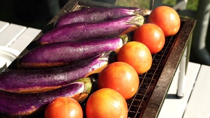 Chinese eggplant zucchini and tomatoes fried on the BBQ grill. Vegetarian or vegan dish fried cooking vegetables on fire grill or barbecue. Fresh organic eggplants from community urban garden.