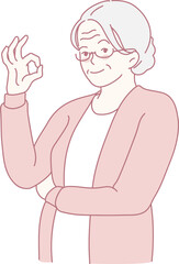 This is an illustration of an elderly woman confidently displaying an OK sign, symbolizing positivity and joy