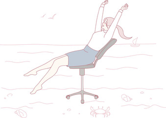 A whimsical and imaginative depiction of pure relaxation by the sea while sitting comfortably in an office chair