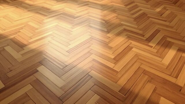 View of a herringbone pattern hardwood floor with sunlight casting shadows across the surface background texture video
