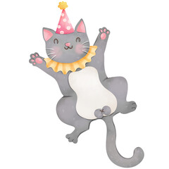 Hand drawn watercolor birthday theme cat illustration
