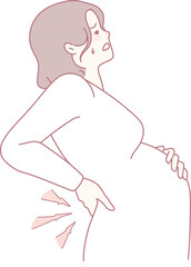 An illustration depicting a pregnant woman experiencing discomfort and pain in her back while she copes with it