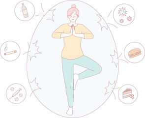 A woman practicing yoga, showing balance between health and thoughtful lifestyle choices in her journey