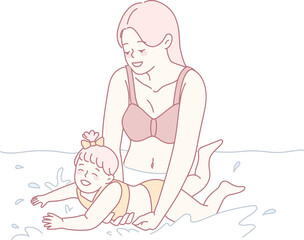A joyful scene unfolds as a mother guides her small child in the water, capturing happiness and trust
