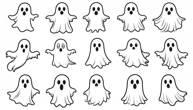A collection of sixteen simple, cartoon-style ghost illustrations, varying in pose and expression, on a white background