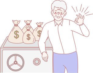 An elderly gentleman proudly stands beside large money bags, showcasing a joyful gesture of happiness