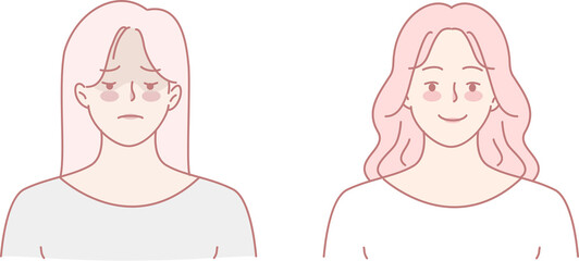 Illustration depicting contrasting emotional expressions: sadness and happiness in character design.