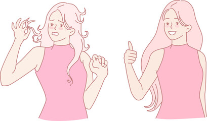 A young woman is confidently showcasing playful expressions while flaunting her beautiful long hair stylishly