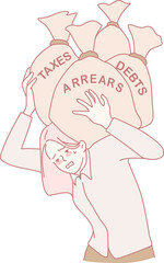 An illustration showing a person grappling with the heavy burdens of taxes, arrears, and overwhelming debts