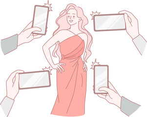 Fototapeta na wymiar A stylish figure dressed in an elegant gown gracefully poses for photographers, capturing this moment beautifully