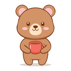 Obraz premium A cute cartoon bear is holding a mug, with a smile and a gentle expression. The bear is a friendly illustration for any project.