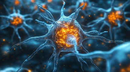 Active neurons firing signals in the brain, microscopic view