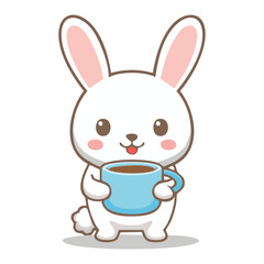 A cute cartoon rabbit is enjoying a cup of coffee, radiating a sense of calmness and joy. The bunny has a cheerful expression and looks content