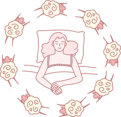 A serene and tranquil illustration depicting a woman peacefully sleeping, gracefully surrounded by fluffy clouds