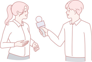 Illustration of a reporter interviewing a person with a microphone captured in a light, modern style.