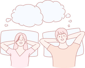 Two people share a peaceful moment, with thought bubbles expressing calmness and showcasing tranquility
