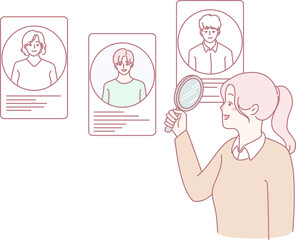 A woman diligently inspecting various profiles using a magnifying glass, highlighting her careful selection process