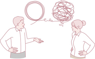 An illustration depicting both clear and confused communication between two distinct professionals engaged in dialogue