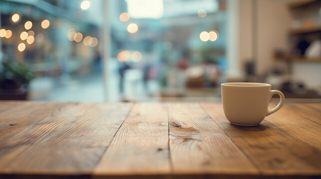Minimalist wooden desk with coffee cup, a serene workspace for focused productivity