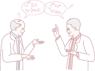 Two knowledgeable professionals humorously debate their differing scientific views on various topics