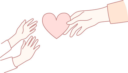 An artistic illustration depicting two hands gently exchanging a heart, symbolizing love and connection between people