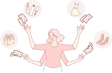 An illustration of a woman juggling money, fashion, and beauty items, symbolizing multitasking in lifestyle.