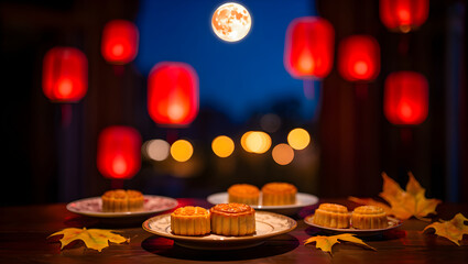 Fototapeta premium traditional Chinese lanterns floating golden leaves and mooncakes on a wooden table