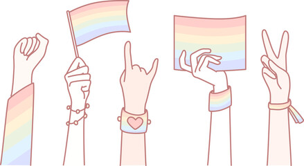 Hands in the air raising vibrant Rainbow Flags and various Symbols of Pride together