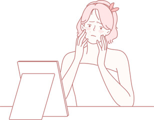 A woman is expressing her concerns and feelings while gazing thoughtfully into a mirror