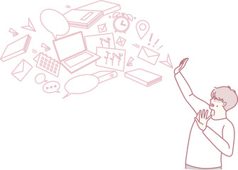 An illustration depicts a person actively engaging with various digital devices and modern communication tools