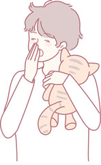 A young boy lets out a big yawn while gently holding his adorable cat plushie, creating a sense of warmth and comfort