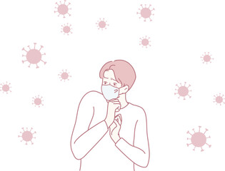 An artistic illustration of a person wearing a protective mask, surrounded by a background filled with virus symbols