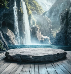 Round Timber Table with Beautiful Tea Garden View - Wood Surface with Scenic Blurry Tea Fields and Clear Sky - Wooden Table Circle View with Lush Green Tea Plantation