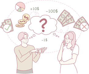 An illustration of a conversation between two people discussing different moneyrelated ideas and transactions
