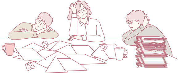 A weary team diligently working amid towering piles of documents, illustrating both stress and productivity obstacles