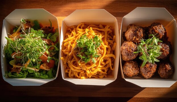 Three take-out containers with various dishes - Powered by Adobe