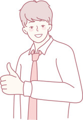 A confident young man in business attire expresses positivity and approval with a thumbs up gesture.