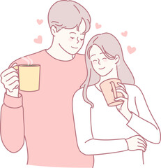 A loving couple enjoys sharing a cozy moment together with coffee, surrounded by charming hearts and joy